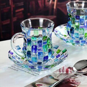 Handpainted Blue-Green Clear Coffee Espresso Tea Cups with Matching Saucers NEW!